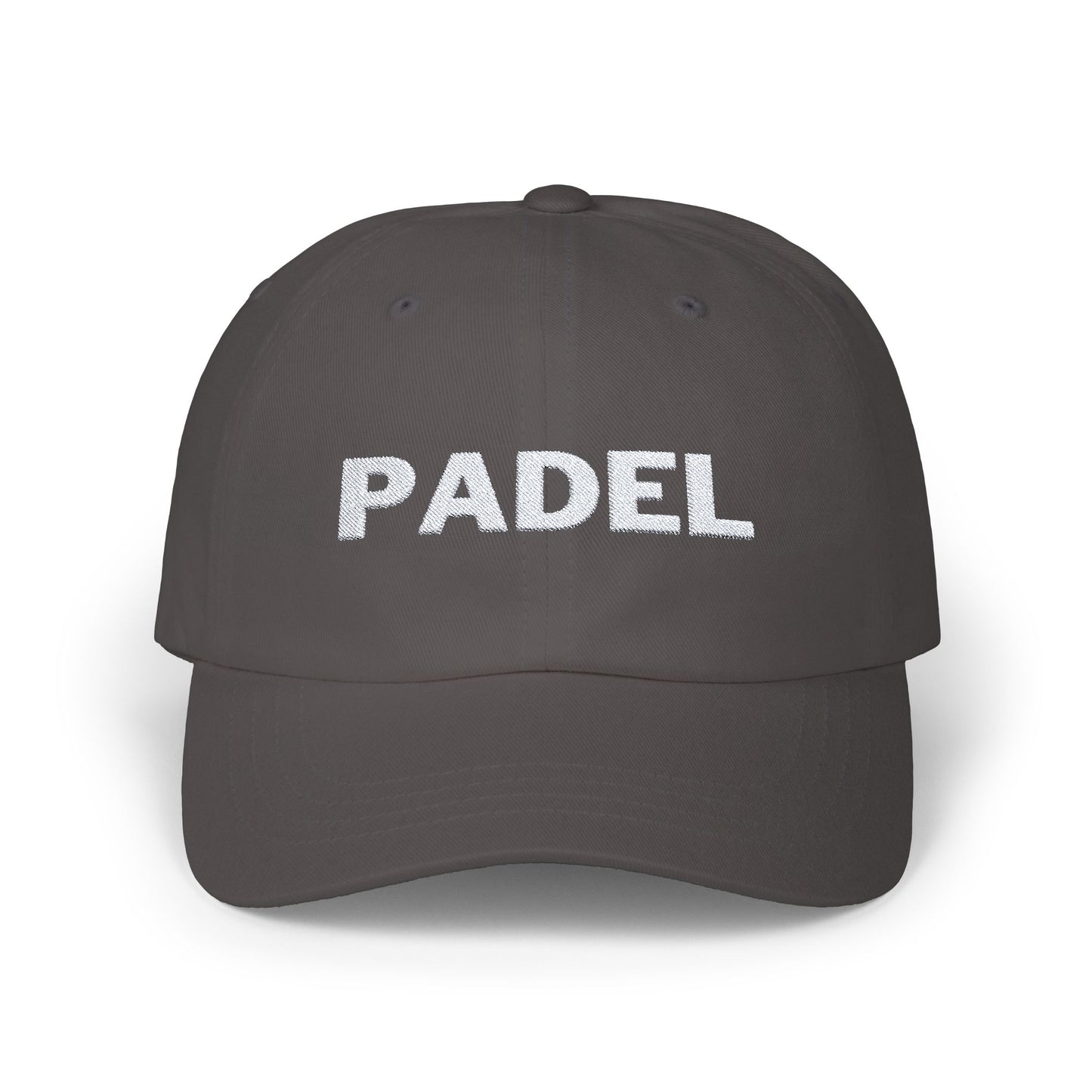 Dark grey cotton cap with white "PADEL" embroidery on front, adjustable back strap. - Classic Padel Cap - White Embroidery - Accessories, Caps, Cotton, Embroidery, Gifts, Hats, Padel, Padel cap, Padel gifts, Padel hat