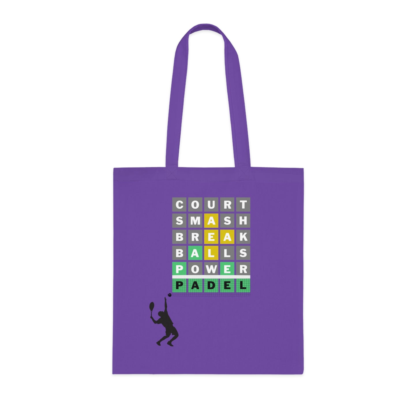 Lavender cotton tote bag with colorful Padel Wordle grid and silhouette design. - Padel Wordle Cotton Tote Bag - Accessories, Bags, Cotton, Padel, Padel bag, Padel fan, Padel gift, Tote bag, Totes, Wordle