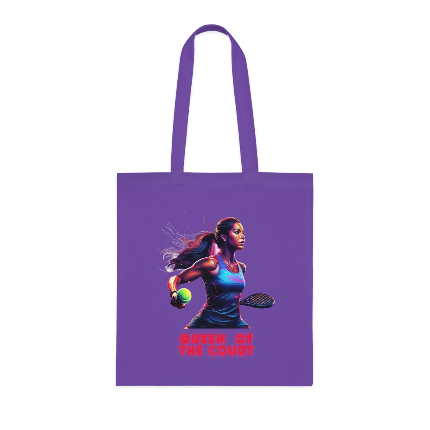 Lavender cotton tote bag with colorful Padel player graphic and red "Queen of the Court" text. - Padel Queen of the Court Cotton Tote Bag - Accessories, Bags, Cotton, Padel, Padel bag, Padel fan, Padel gift, Tote bag, Totes