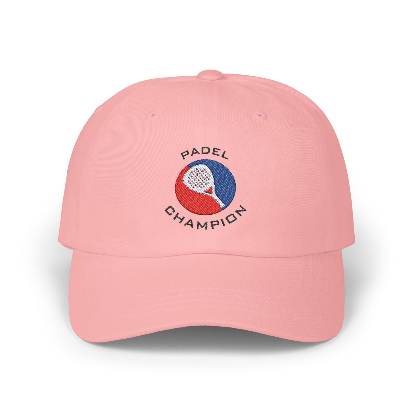 Pink cotton cap with embroidered Padel Champion logo in blue and red on front. - Padel Champion Cap - Accessories, Caps, Cotton, Embroidery, Gifts, Hats, Padel, Padel cap, Padel gifts, Padel hat