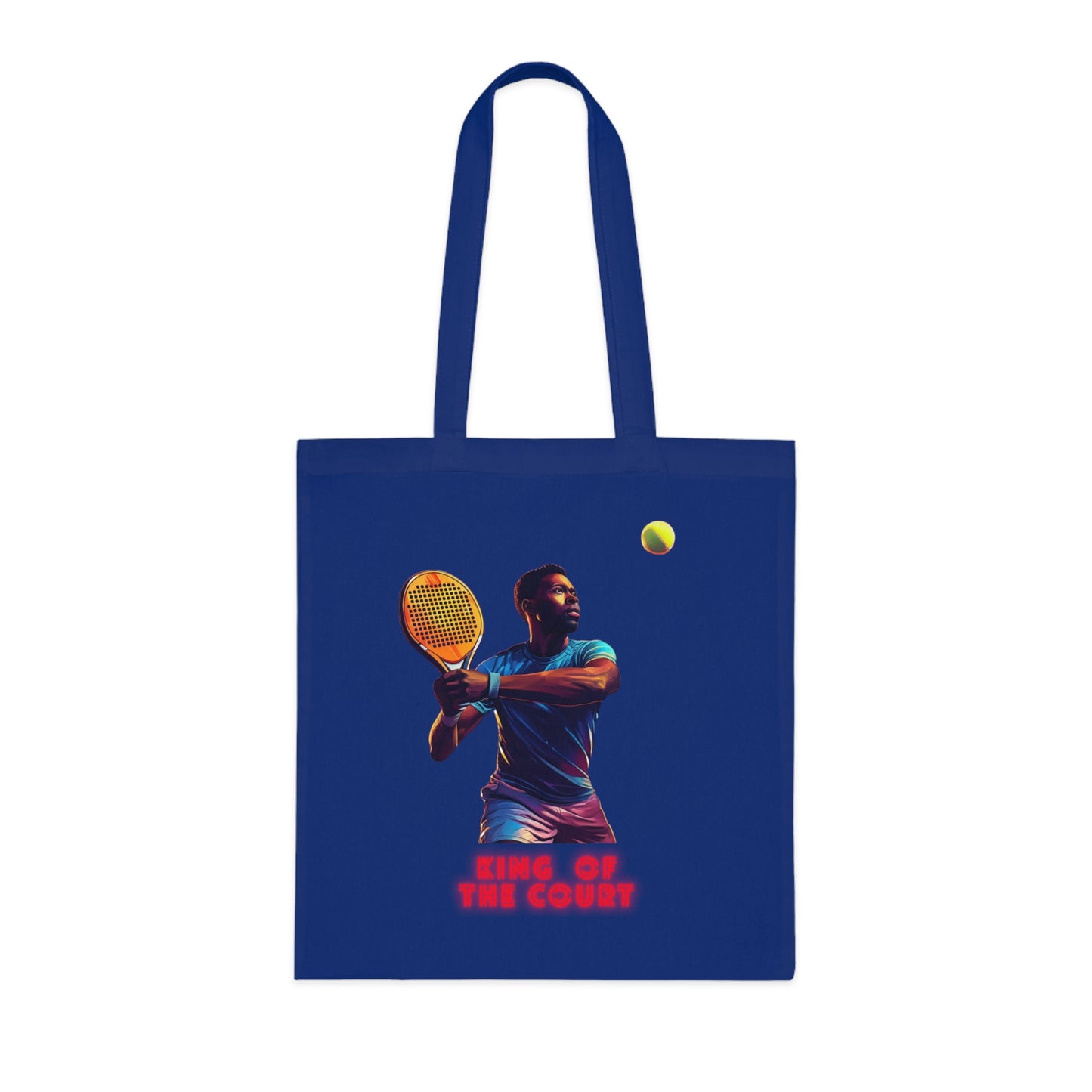 Navy blue cotton tote bag with colorful padel player graphic and "King of the Court" text. - Padel King of the Court Cotton Tote Bag - Accessories, Bags, Cotton, Padel, Padel bag, Padel fan, Padel gift, Tote bag, Totes
