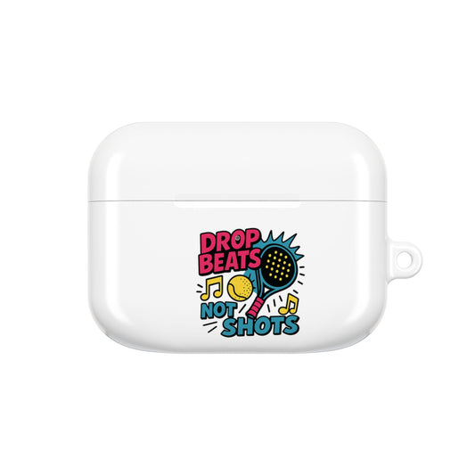 White wireless earbud case with colorful padel design and text on a white background