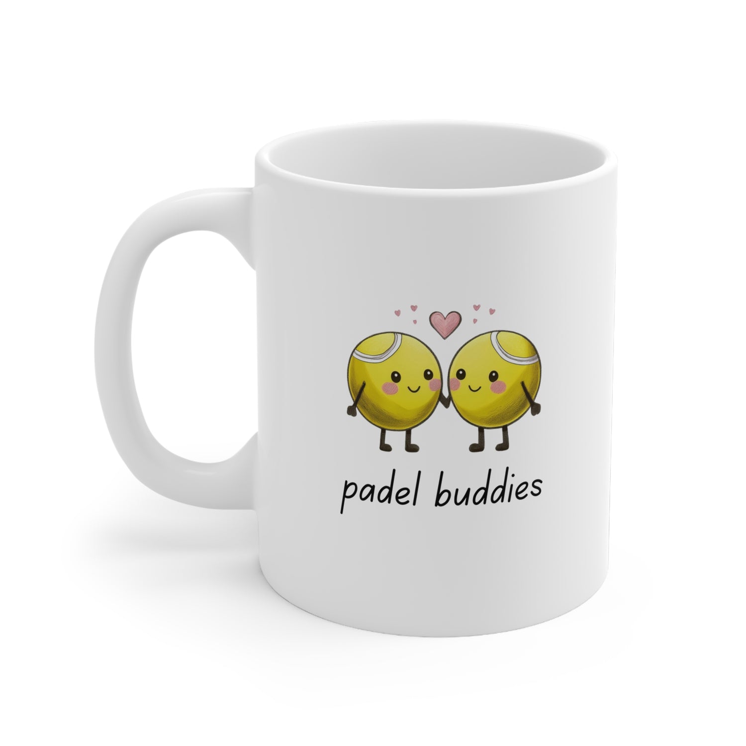 White ceramic mug with two smiling yellow padel balls holding hands and the text "padel buddies" beneath them. - Padel Buddies Mug - Athlete Gift, Ceramic Cup, Coffee Drinker, Gift Idea, Mug Decor, Padel Fan, Padel gift, Padel Passion, Padel Player, Sports Enthusiast, Sports Mug, Sporty Style, Tea Lover, Unique Design