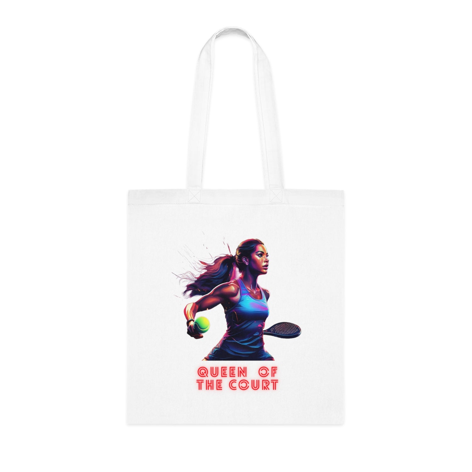 White cotton tote bag with colorful graphic of female padel player and red "Queen of the Court" text. - Padel Queen of the Court Cotton Tote Bag - Accessories, Bags, Cotton, Padel, Padel bag, Padel fan, Padel gift, Tote bag, Totes