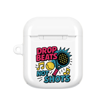 White airpod case with colourful padel design with a padel racquet and text on a white background