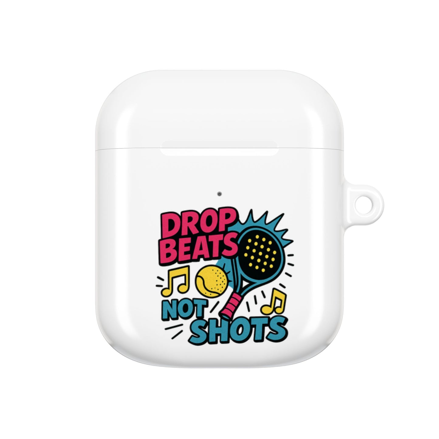 White airpod case with colourful padel design with a padel racquet and text on a white background