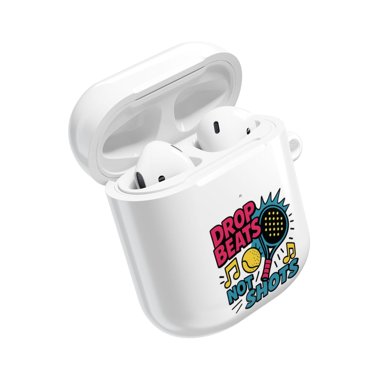 White airpod case with colourful padel design with a padel racquet and text on a white background