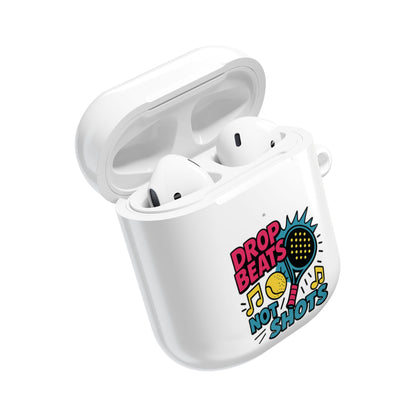 White airpod case with colourful padel design with a padel racquet and text on a white background