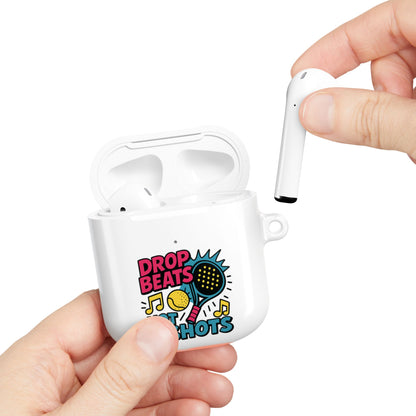 White wireless airpods earbuds in a case with colourful padel design  of a padel racquet with a hand removing an airpod from the case.