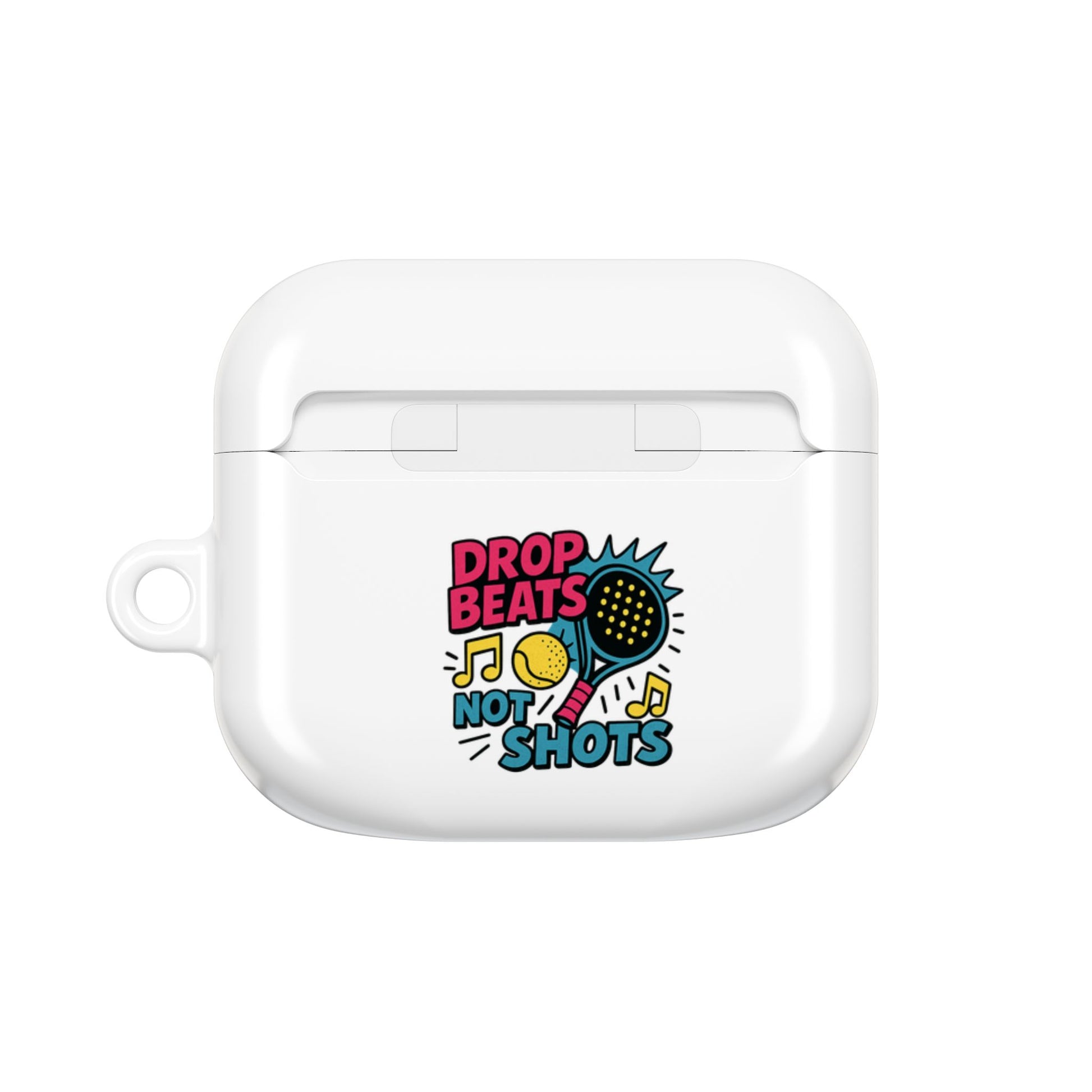 White airpod case with colourful padel design with a padel racquet and text on a white background