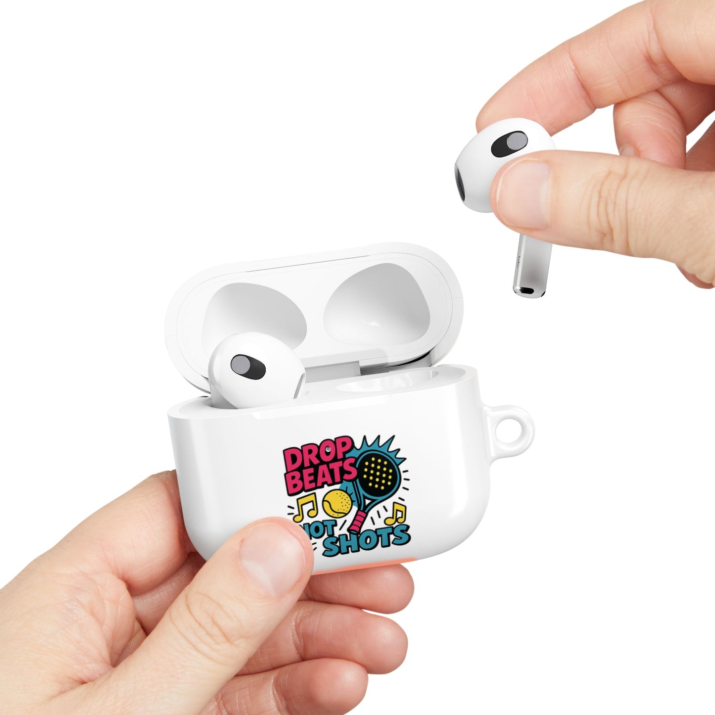 White wireless airpods earbuds in a case with colourful padel design  of a padel racquet with a hand removing an airpod from the case.