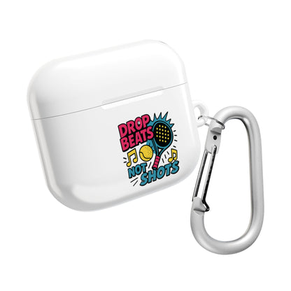 White wireless airpod earbud case with colourful padel design and carabiner on a white background