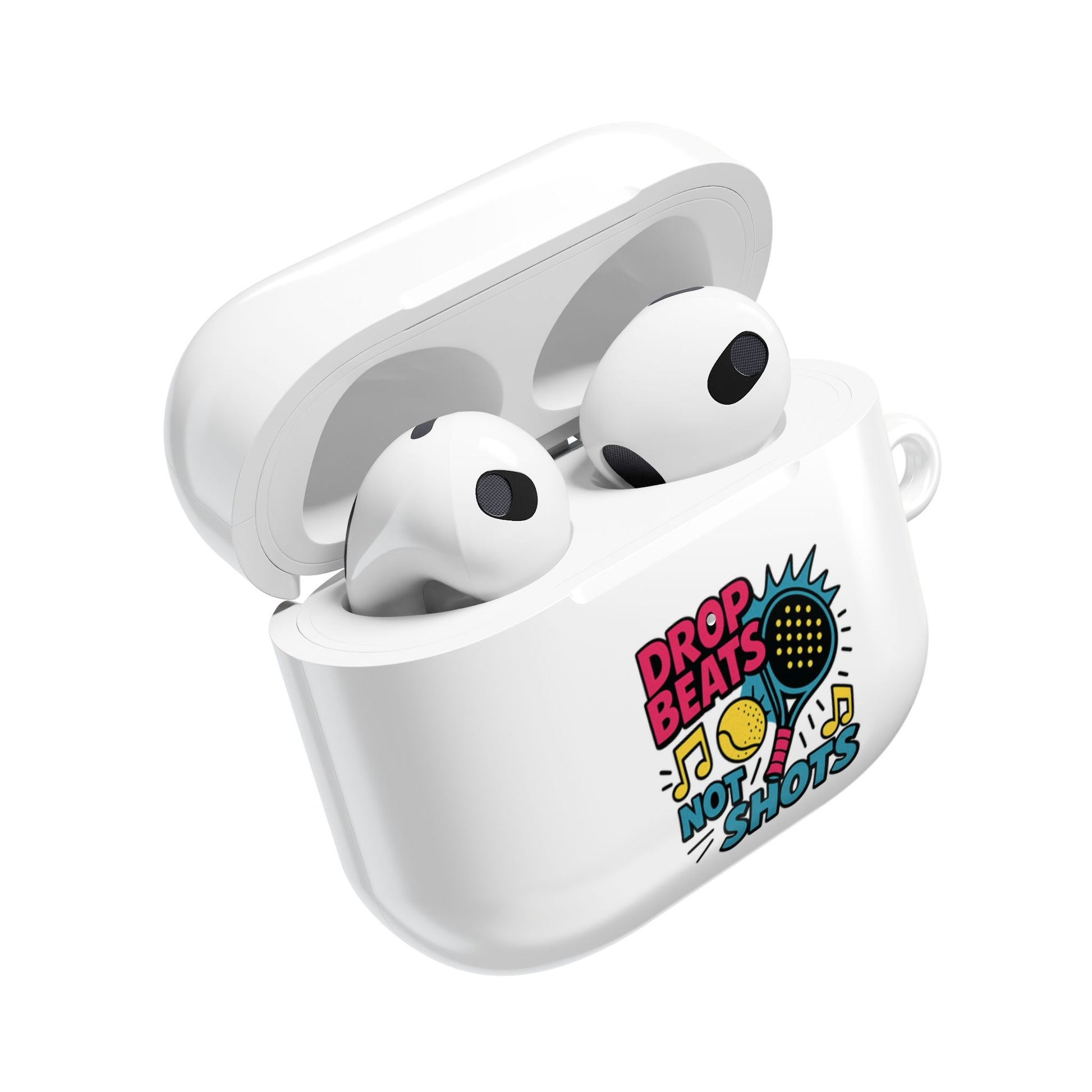 White wireless airpods in a case with colourful padel racquet and text and graphics on a white background