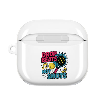 White wireless airpods in a case with colourful padel racquet and text and graphics on a white background