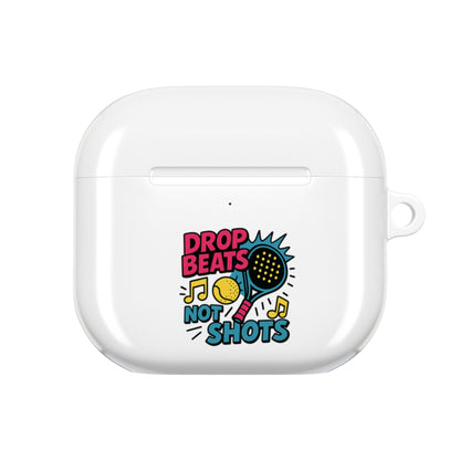 White airpod case with colourful padel design with a padel racquet and text on a white background