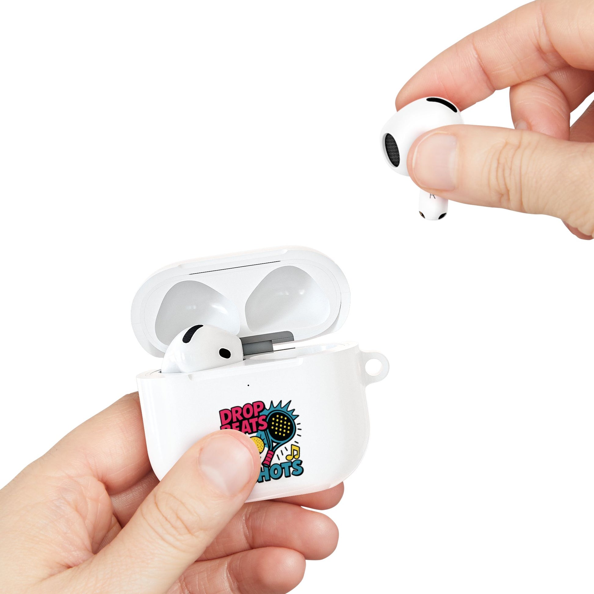 White wireless airpods earbuds in a case with colourful padel design  of a padel racquet with a hand removing an airpod from the case.