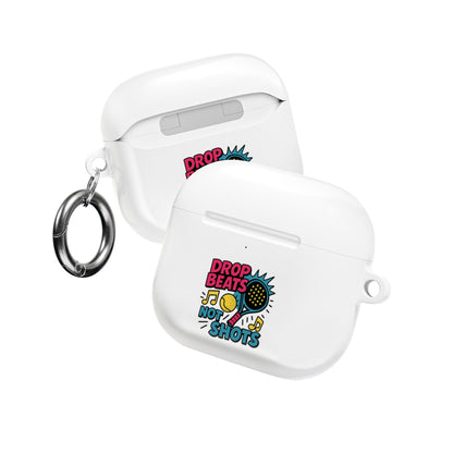 Front and back of white wireless airpods earbud case with 'Drop Beats Not Shots' padel design and carabiner on a white background