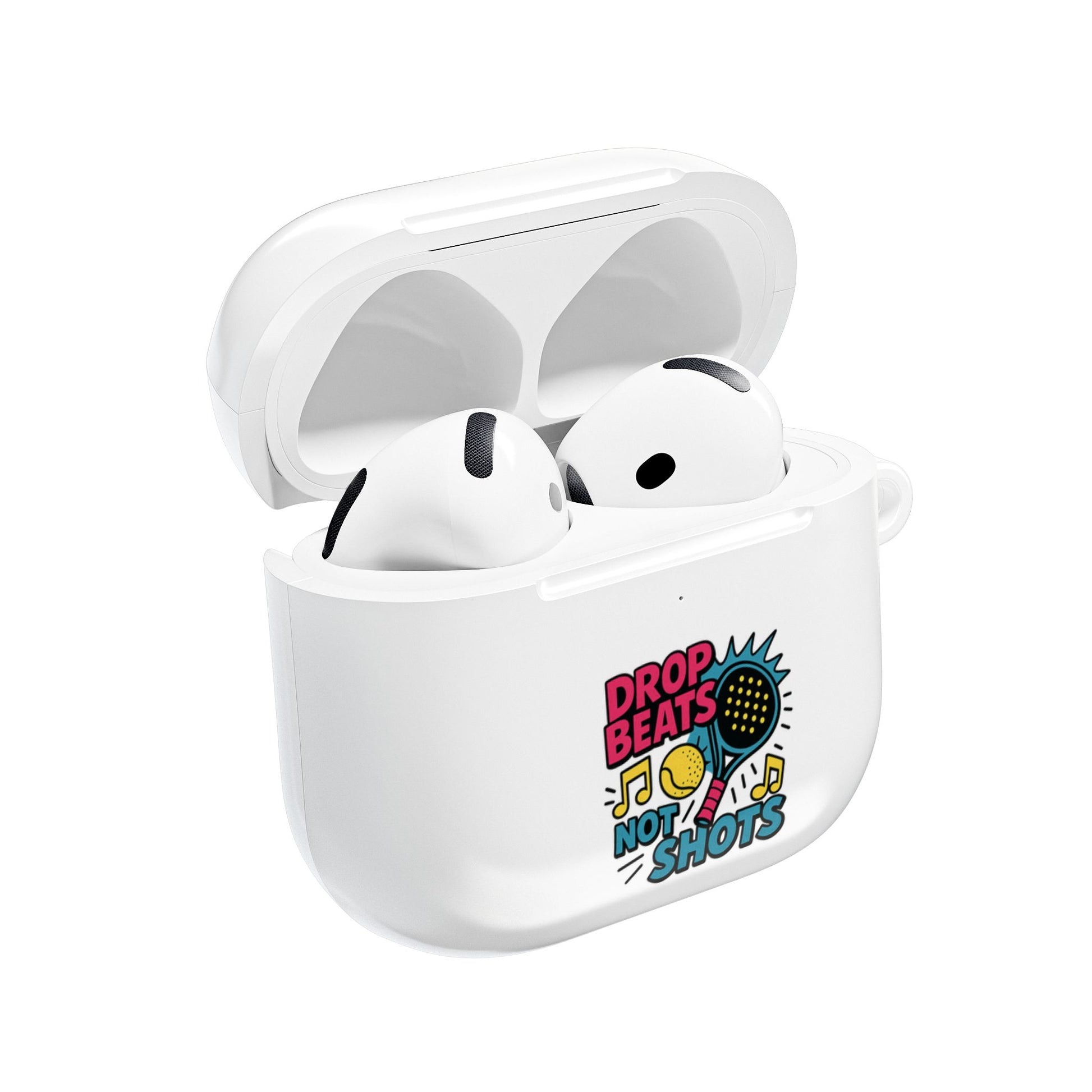 White wireless airpods in a case with colourful padel racquet and text and graphics on a white background