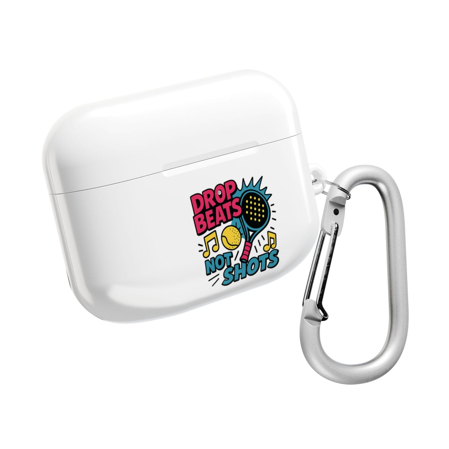 White wireless airpods earbud case with colourful padel design and carabiner on a white background