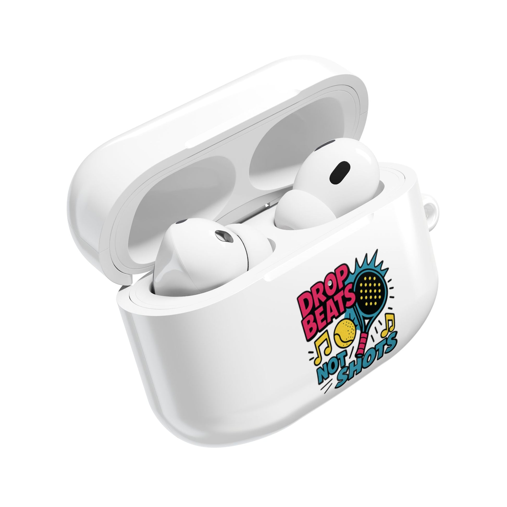 Wireless airpods earbuds in a white case with colourful padel design on a white background
