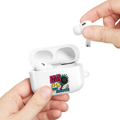 White wireless airpods earbuds in a case with colourful padel design  of a padel racquet with a hand removing an airpod from the case.