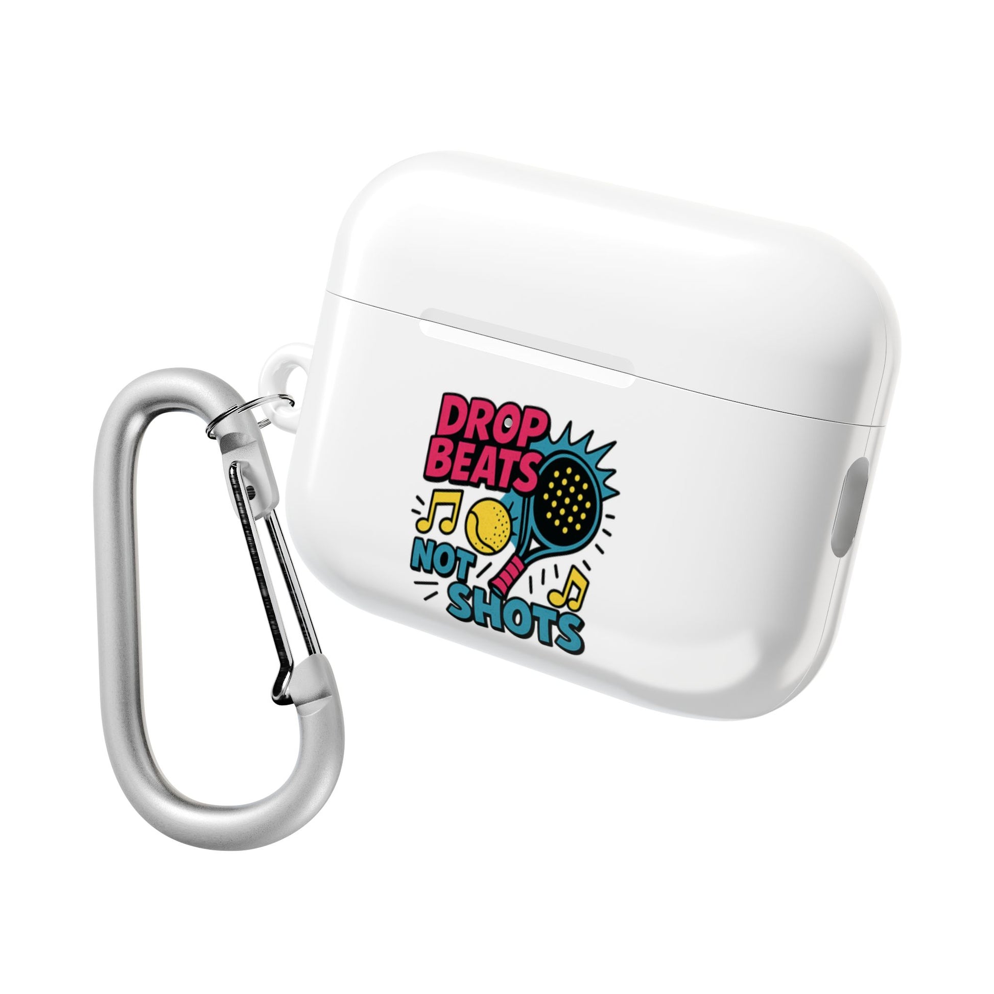White airpod case with colourful padel design and carabiner on a white background