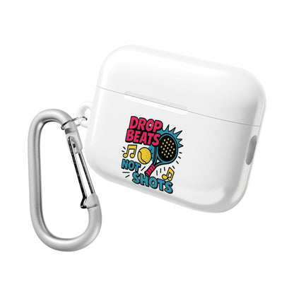 White airpod case with colourful padel design and carabiner on a white background