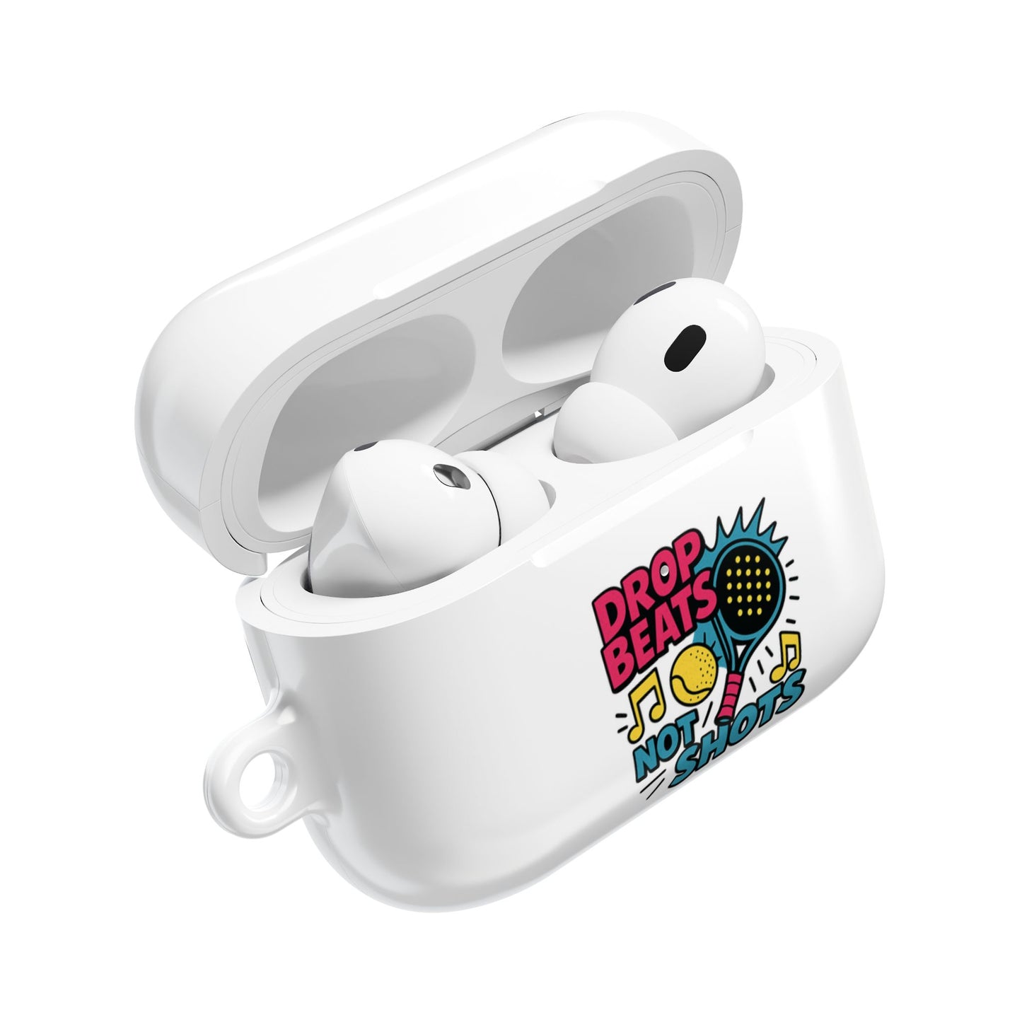 White airpod case with colourful padel design with a padel racquet and text on a white background